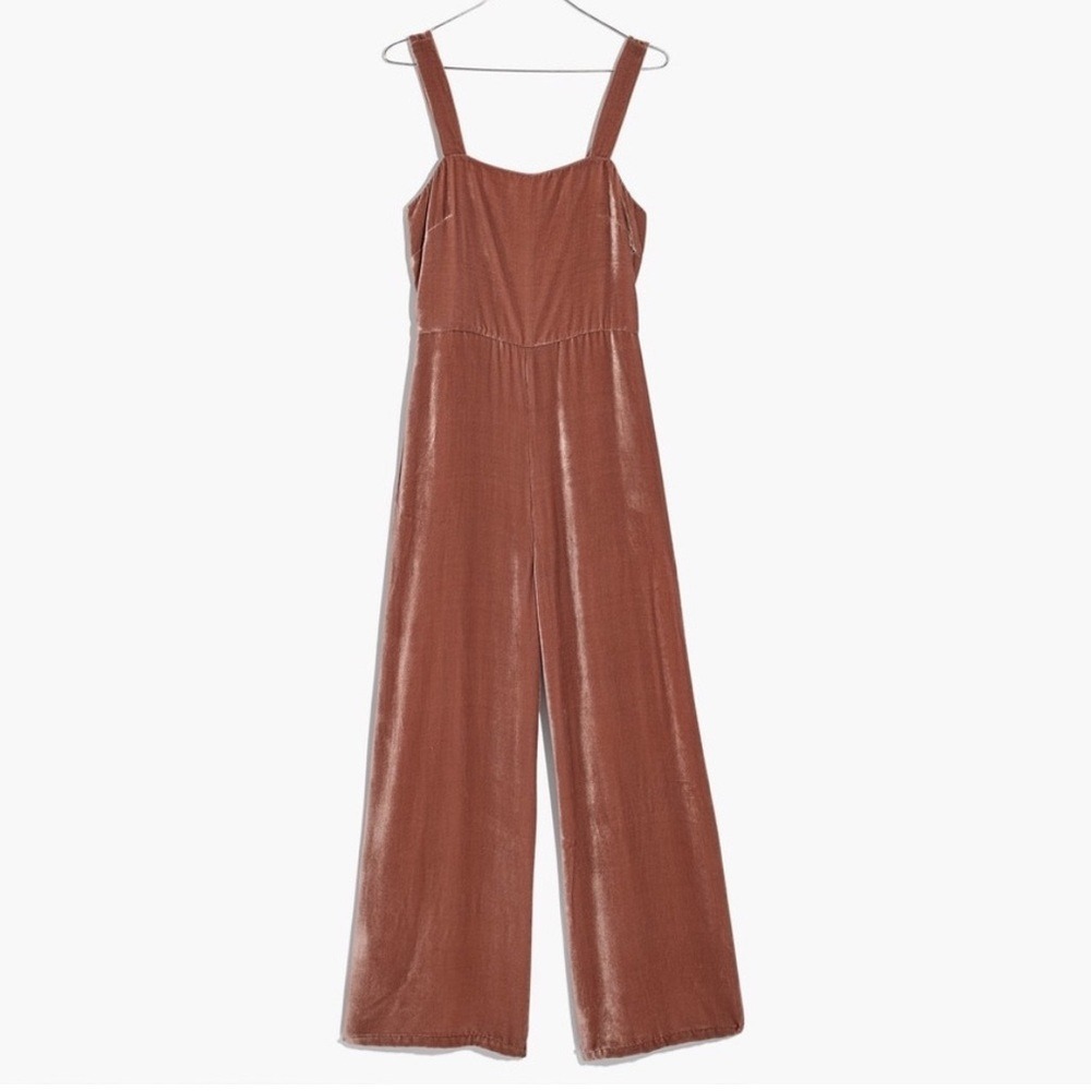 Madewell 70s Boho‎ Velvet Wide Leg Jumpsuit Rose Brown Square Neck Size 00 Party
